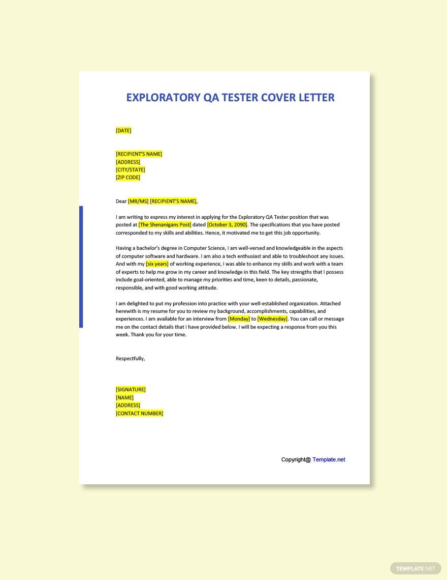 Free Exploratory QA Tester Cover Letter in Word, Google Docs, PDF, Apple Pages