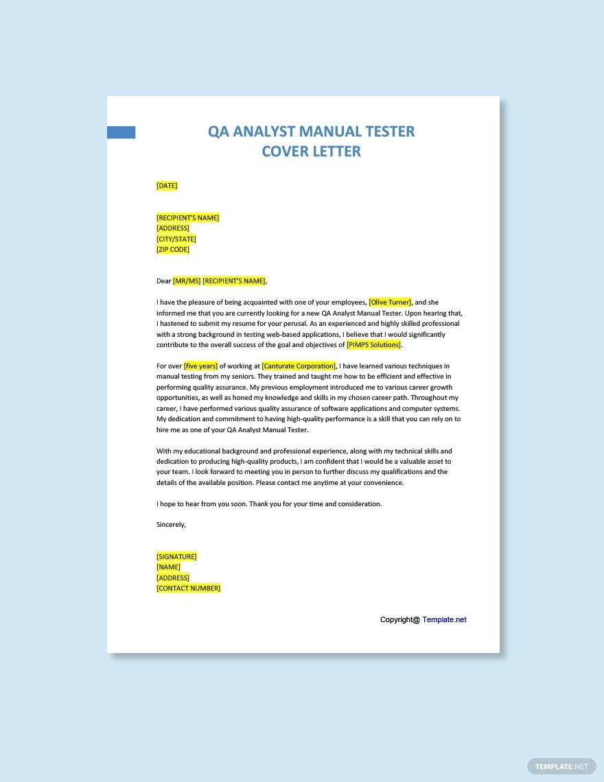 QA Analyst Manual Tester Cover Letter
