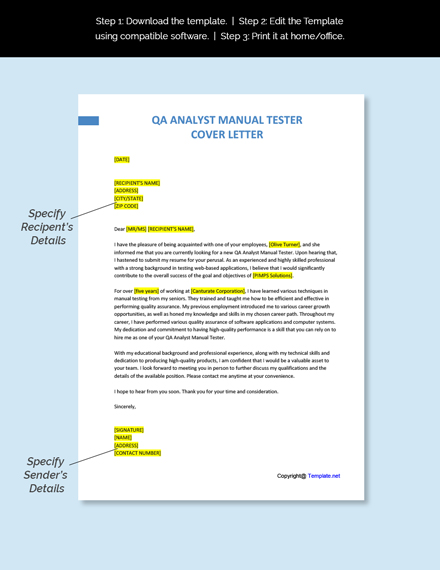 QA Analyst Manual Tester Cover Letter Template
