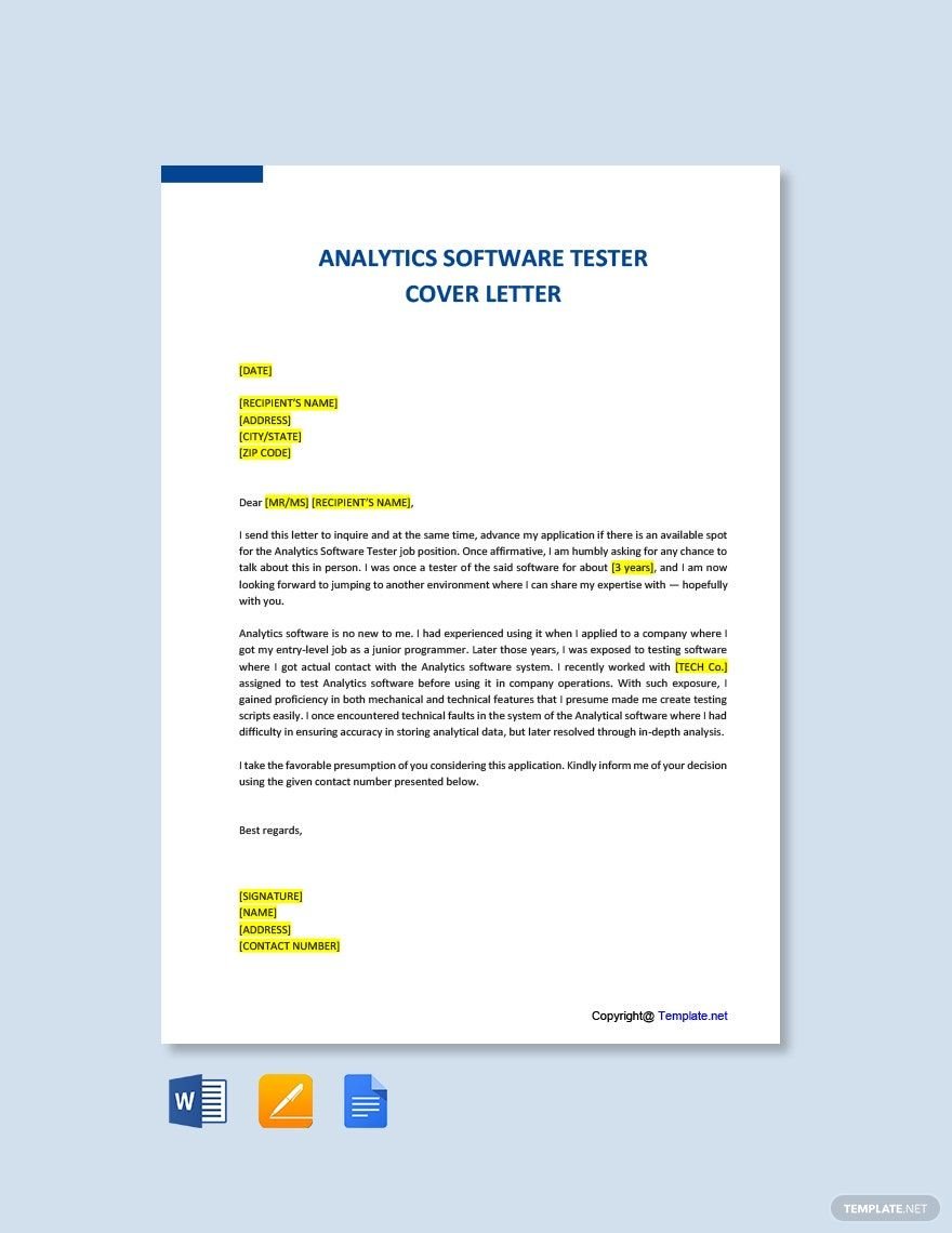 Free Analytics Software Tester Cover Letter Template