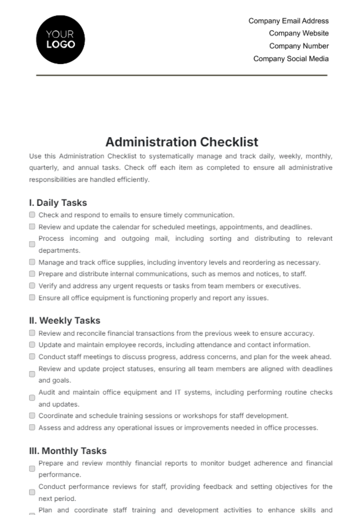 Administration Checklist Template - Edit Online & Download