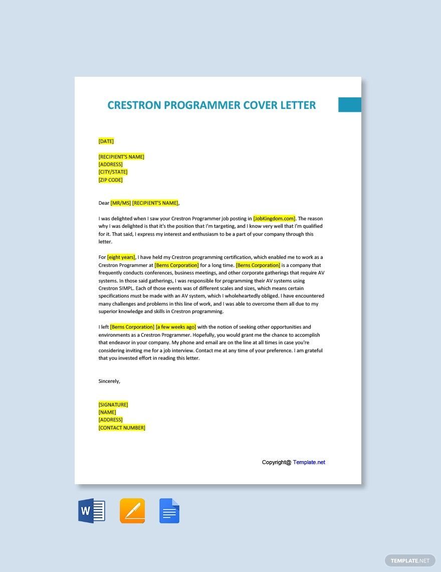 Crestron Programmer Cover Letter in Word, Google Docs, PDF, Apple Pages