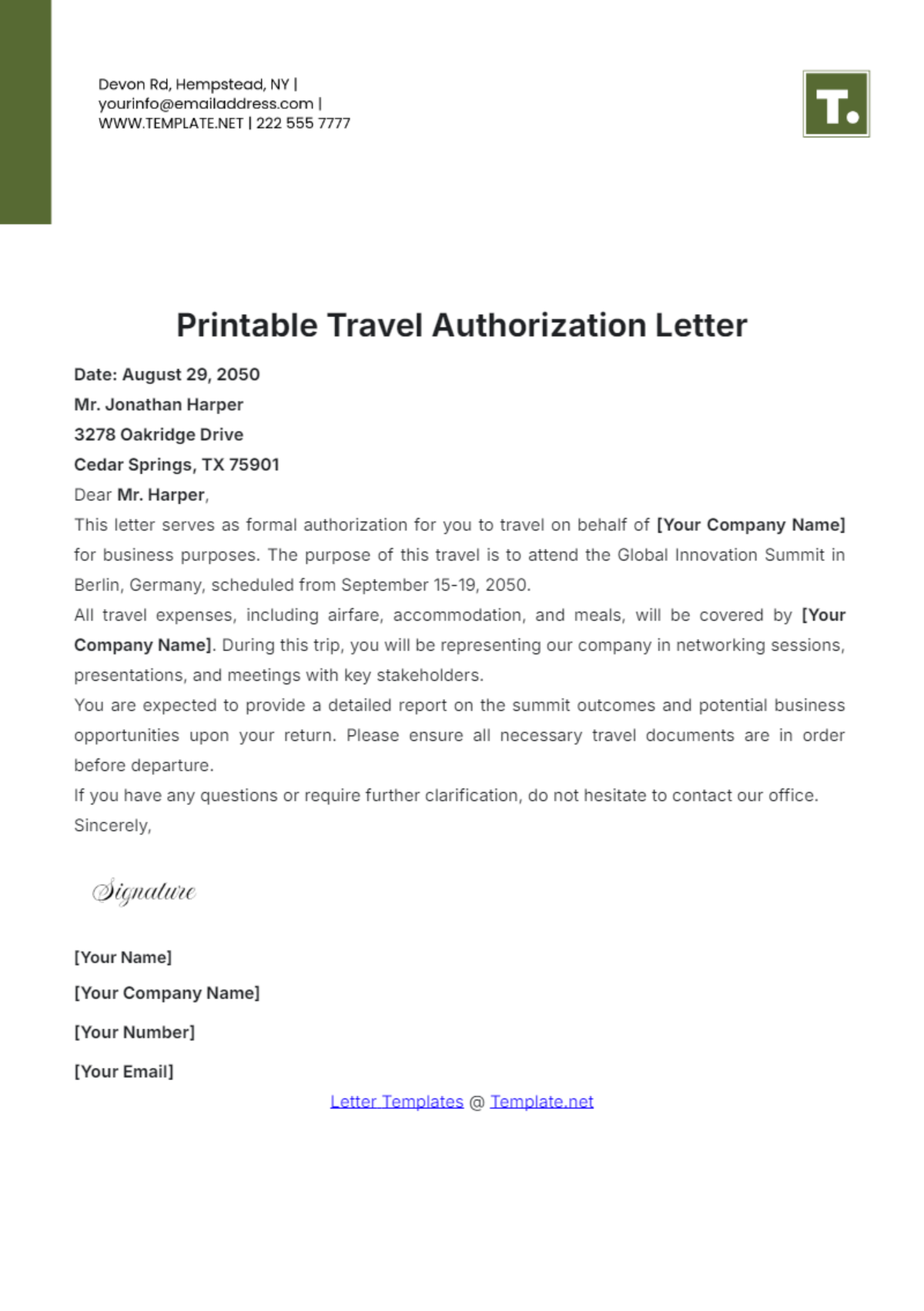 Printable Travel Authorization Letter Template - Edit Online & Download