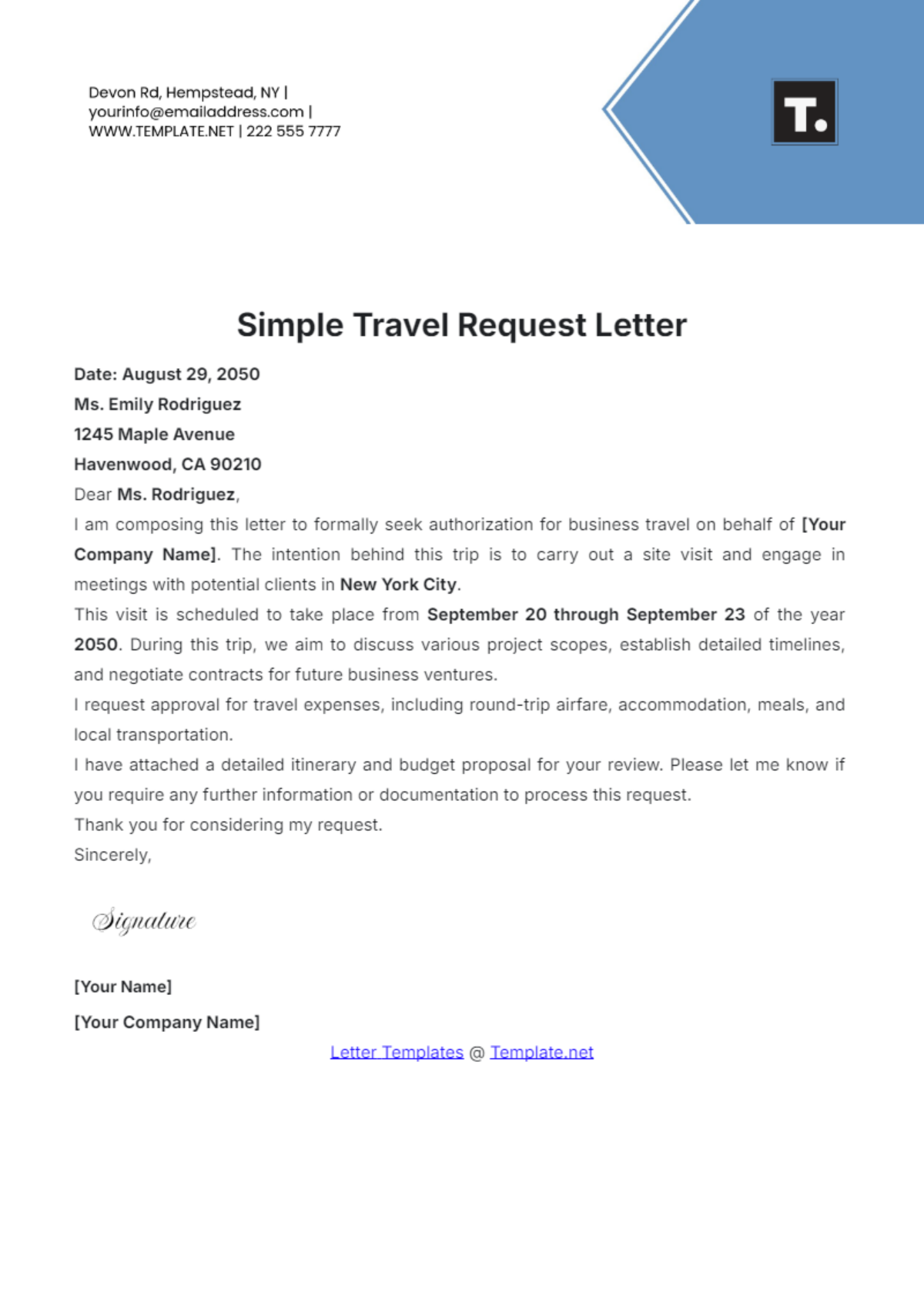 Simple Travel Request Letter Template - Edit Online & Download