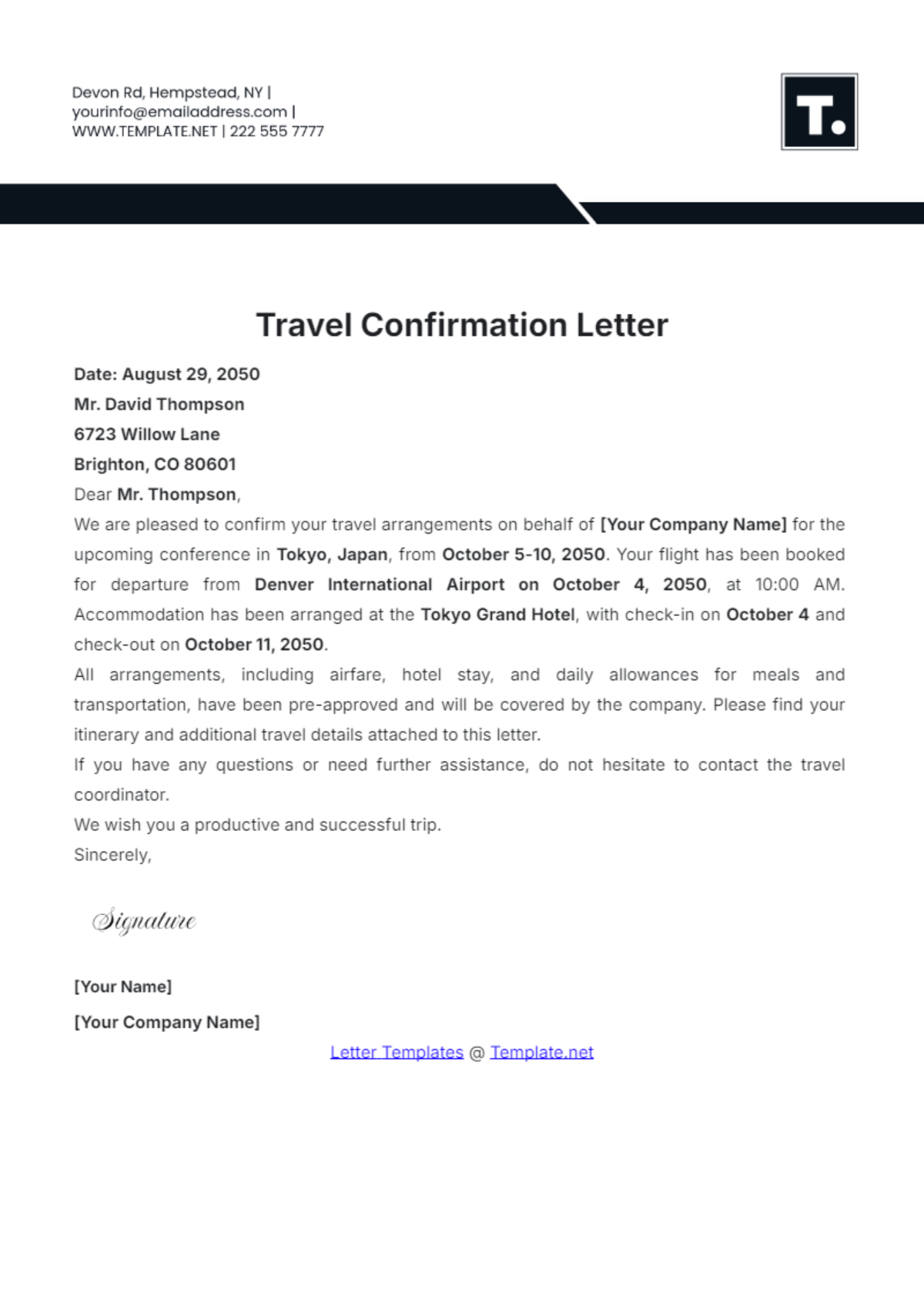 Travel Confirmation Letter Template - Edit Online & Download