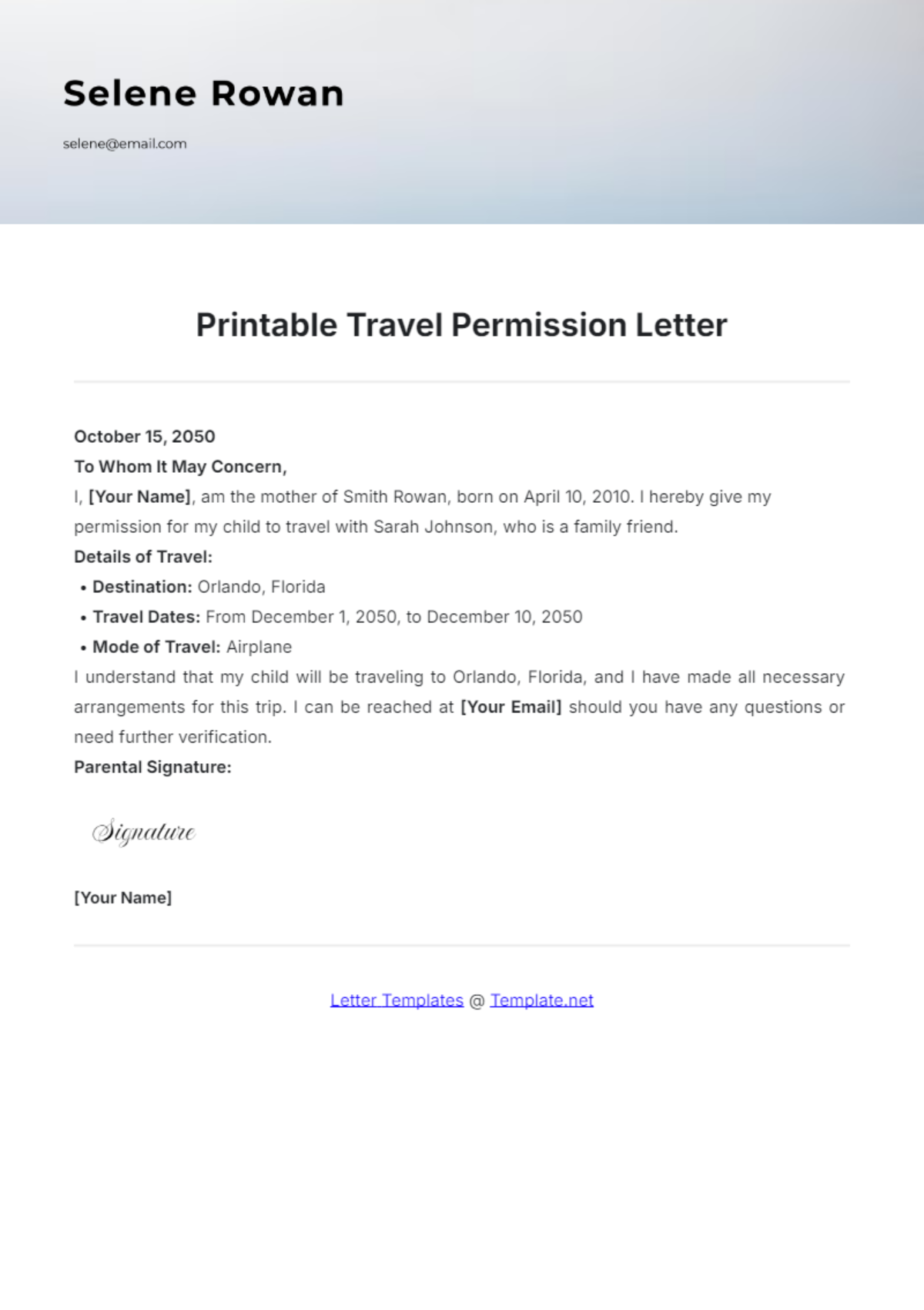 Printable Travel Permission Letter Template - Edit Online & Download