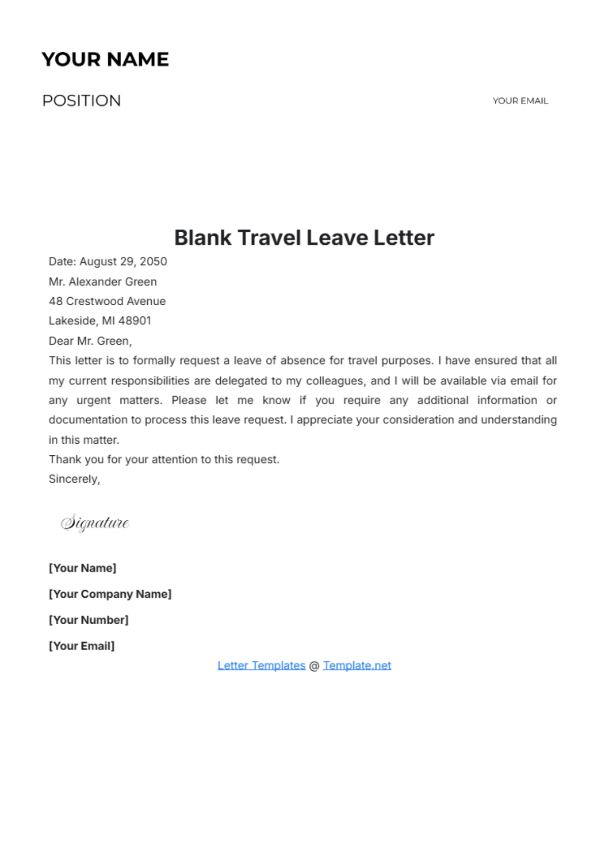 Blank Travel Leave Letter Template - Edit Online & Download