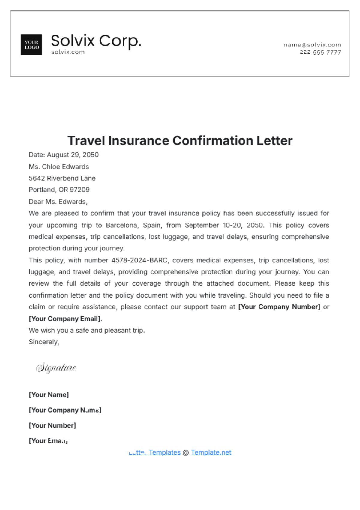 Travel Insurance Confirmation Letter Template - Edit Online & Download