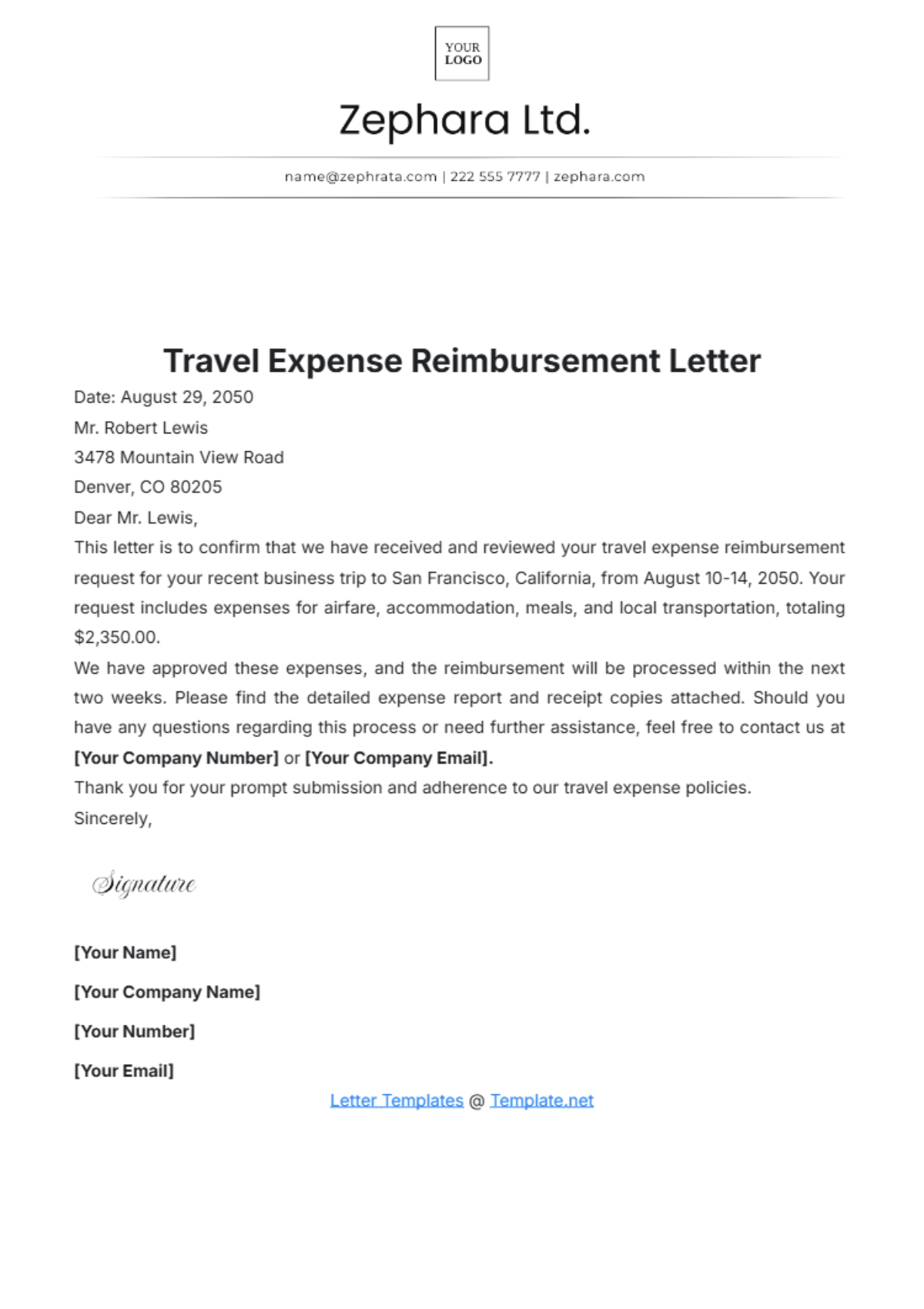 Travel Expense Reimbursement Letter Template - Edit Online & Download