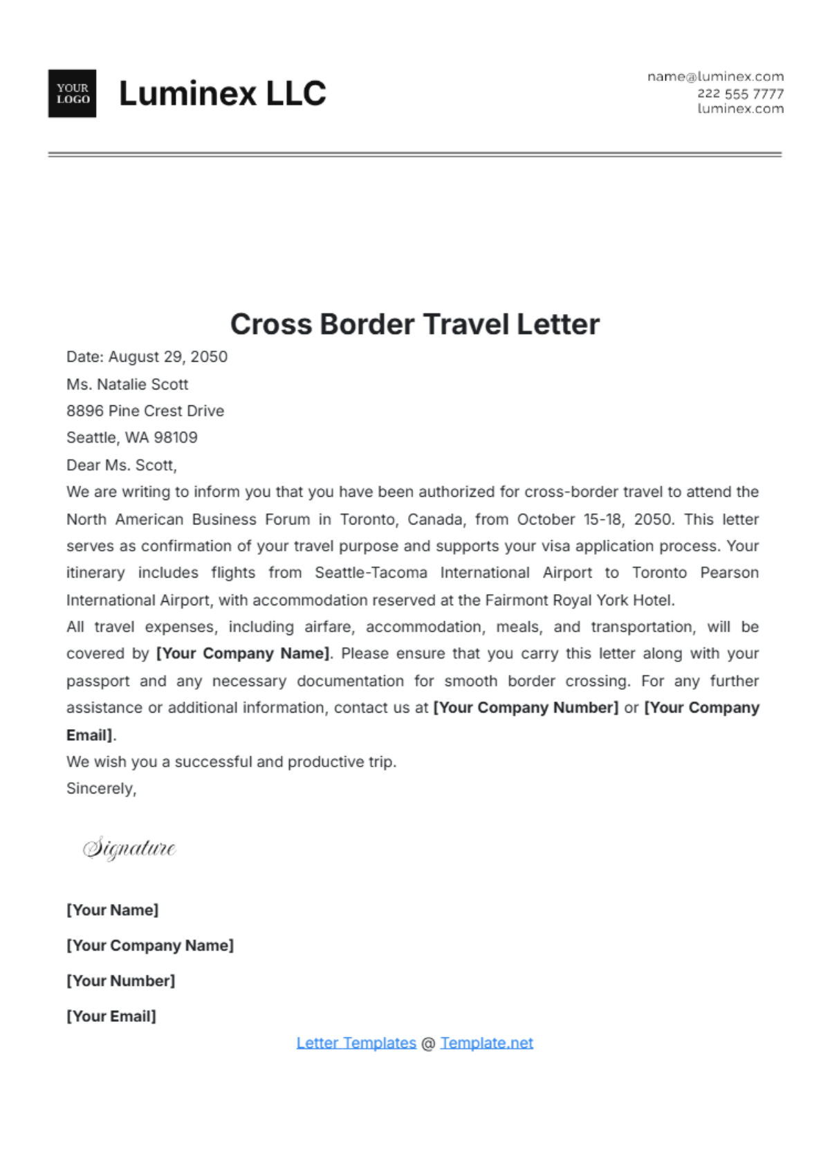 Cross Border Travel Letter Template - Edit Online & Download