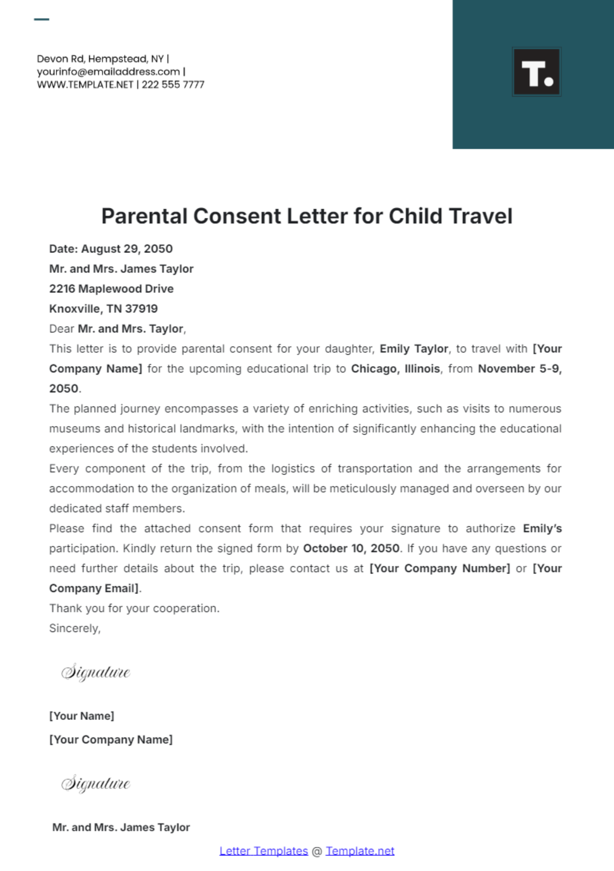 Parental Consent Letter for Child Travel Template - Edit Online & Download