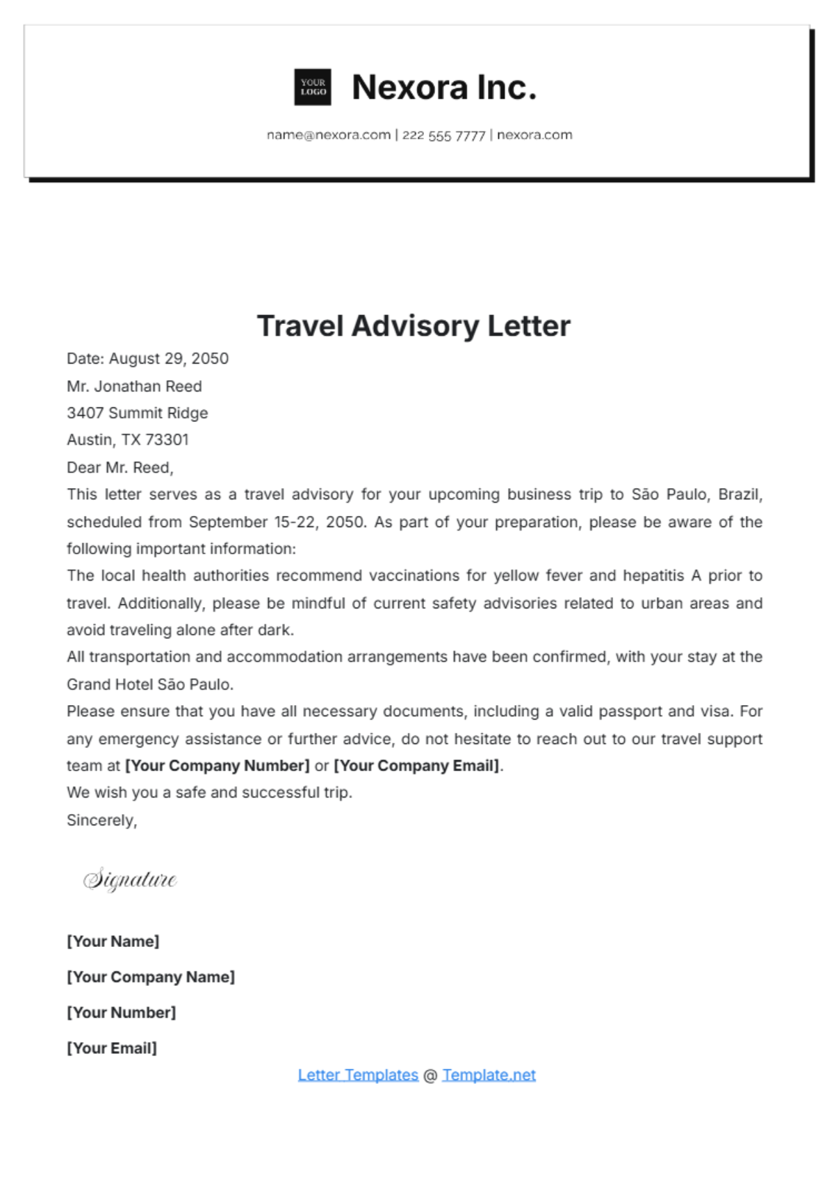 Travel Advisory Letter Template - Edit Online & Download