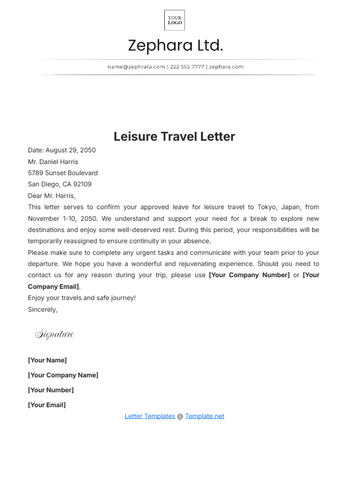 Leisure Travel Letter Template - Edit Online & Download