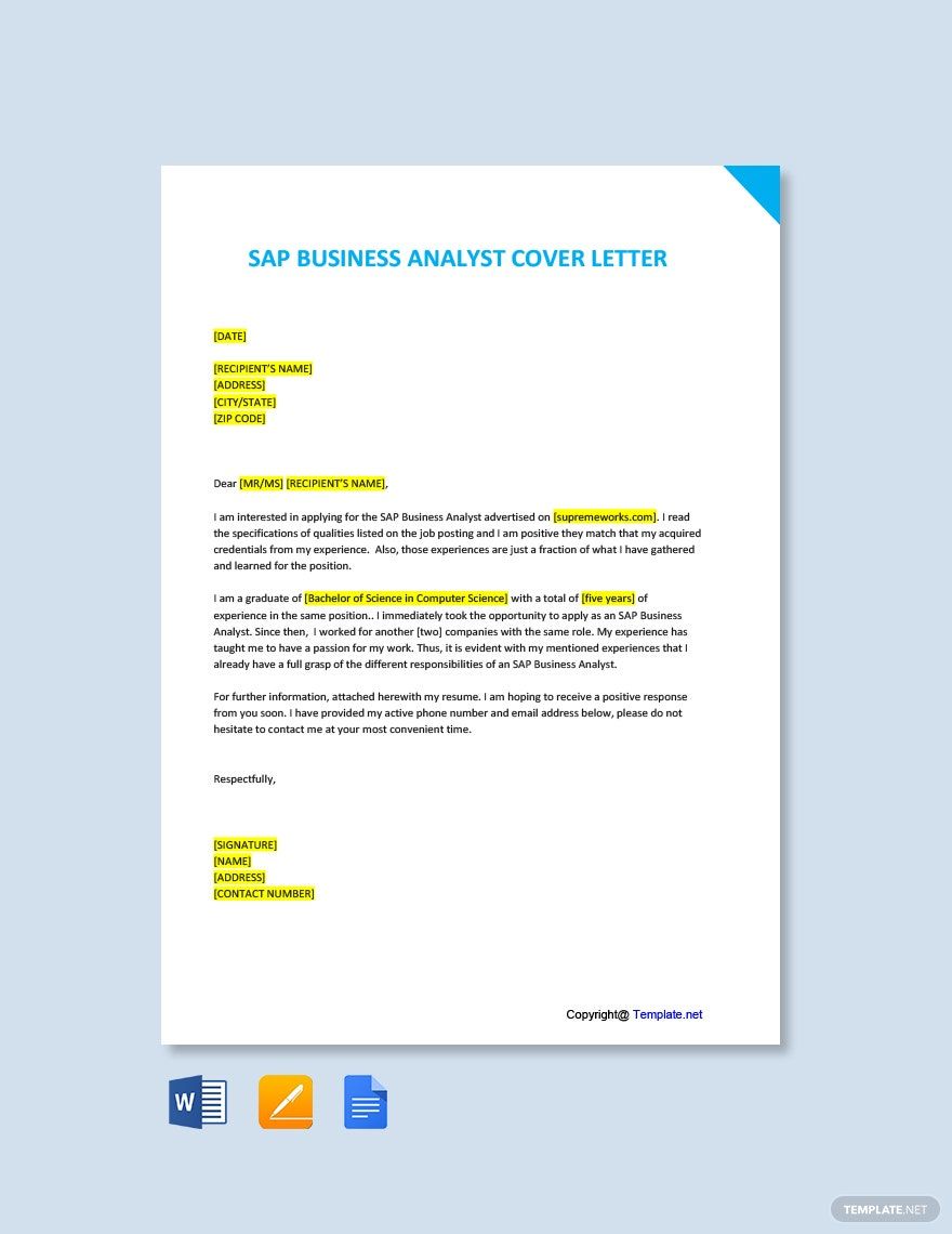 SAP Business Analyst Cover Letter in Word, Google Docs, Pages, PDF - Download | Template.net