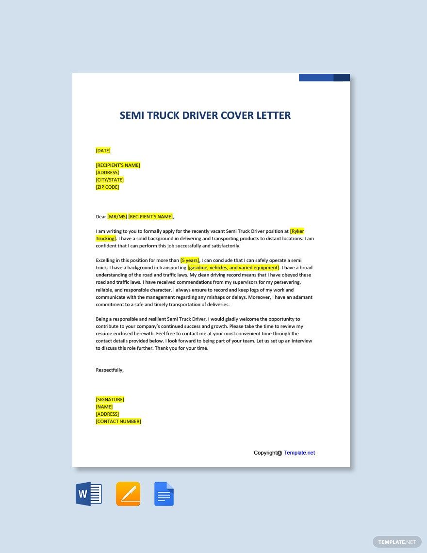 Free Semi Truck Driver Cover Letter in Word, Google Docs, PDF, Apple Pages