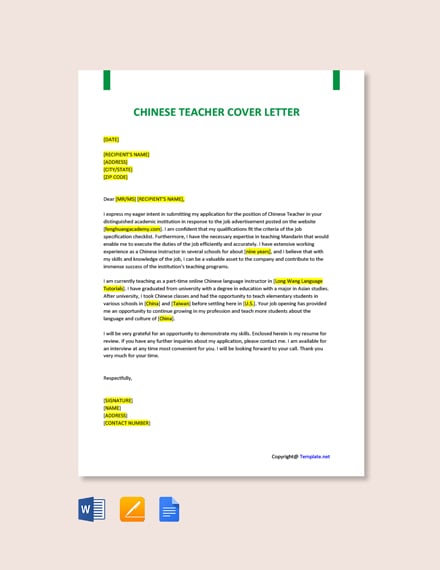 FREE Chinese Teacher Cover Letter Template - Word | Google ...