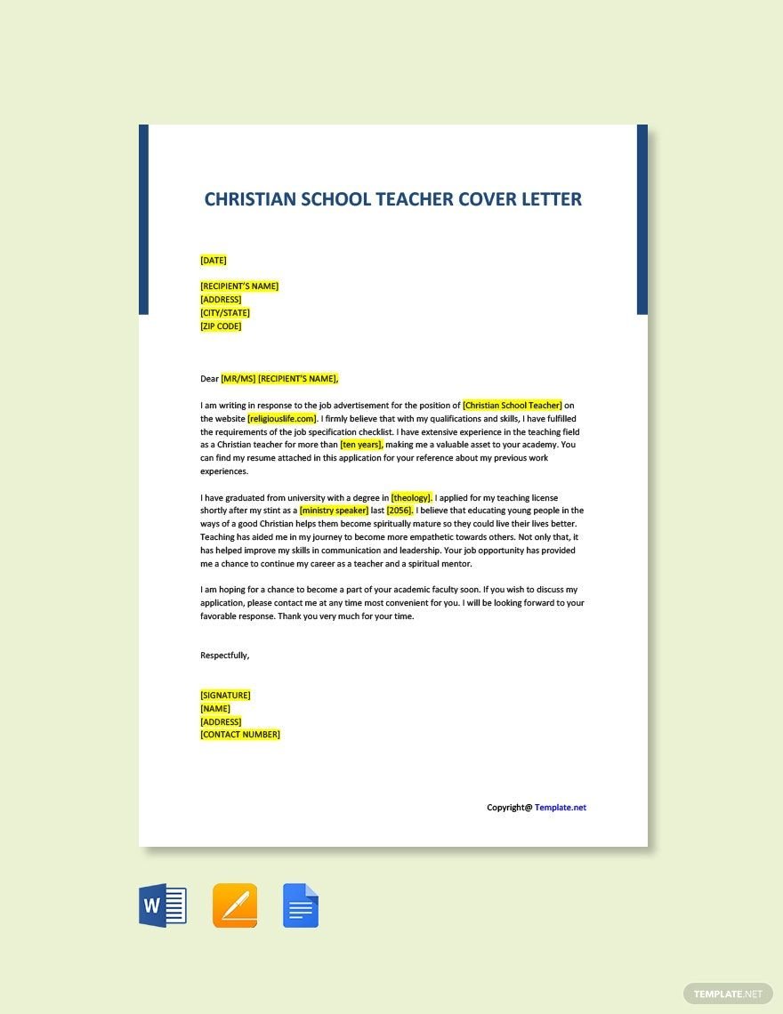Christian School Teacher Cover Letter