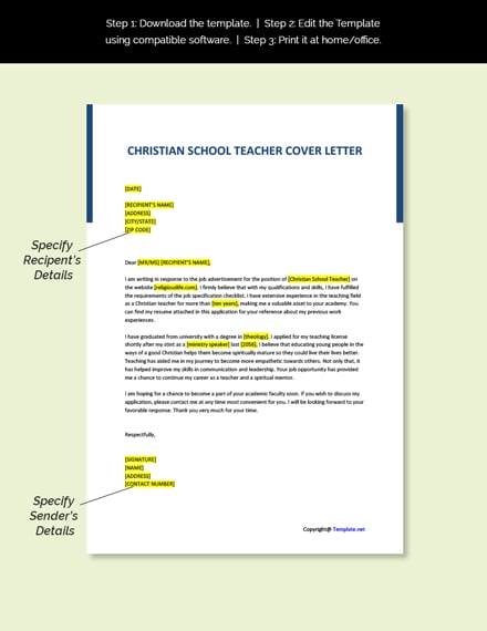 Christian School Teacher Cover Letter Template - Google Docs, Word ...