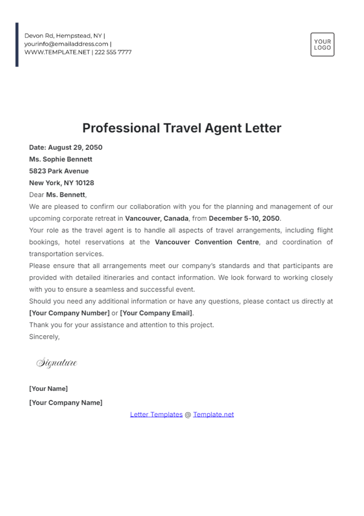 Professional Travel Agent Letter Template - Edit Online & Download