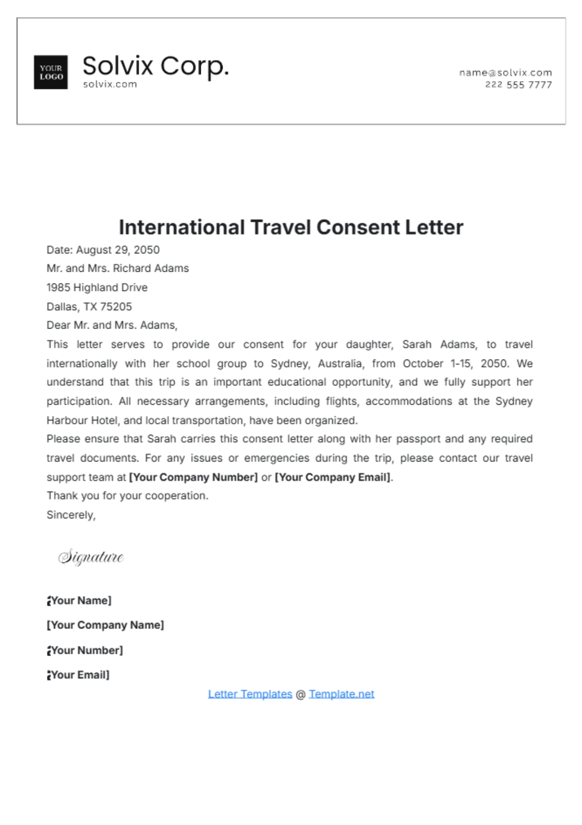 International Travel Consent Letter Template - Edit Online & Download