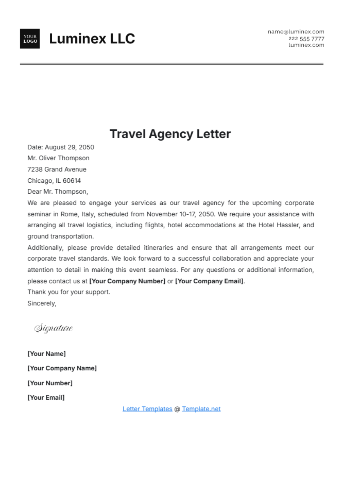 Travel Agency Letter Template - Edit Online & Download