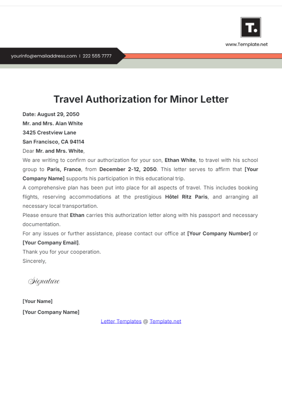 Travel Authorization for Minor Letter Template - Edit Online & Download