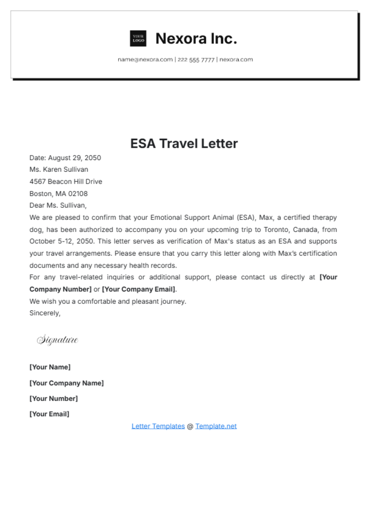 ESA Travel Letter Template - Edit Online & Download