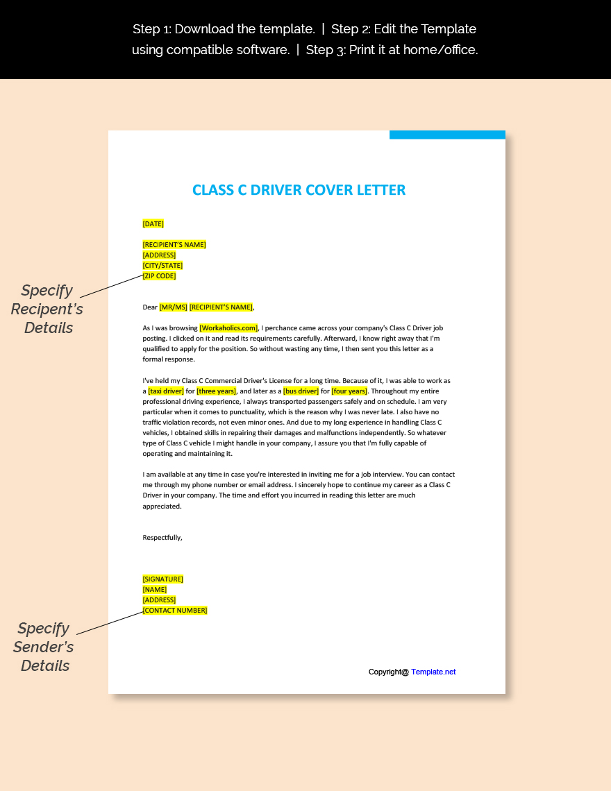 Class C Driver Cover Letter Template