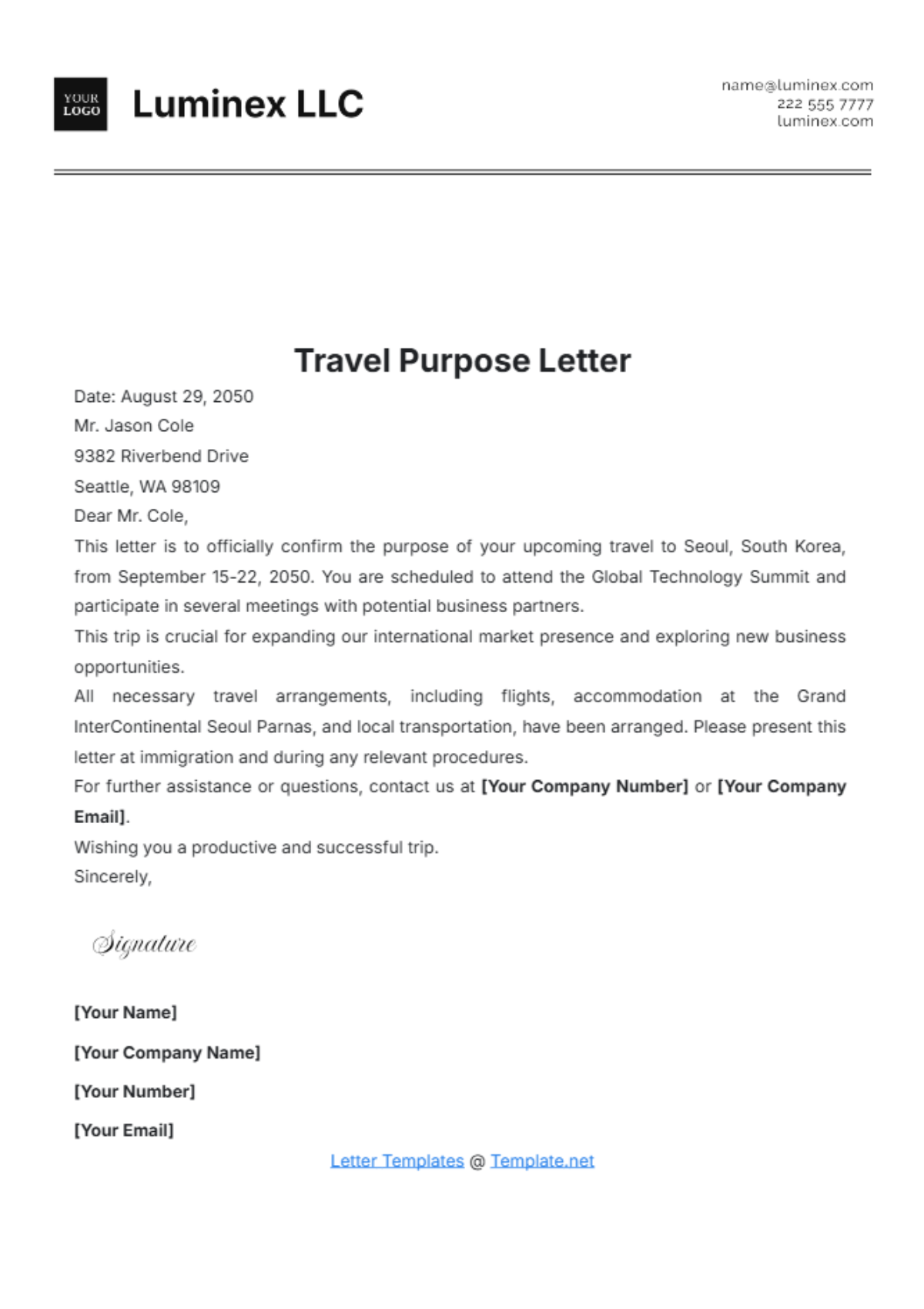 Travel Purpose Letter Template - Edit Online & Download