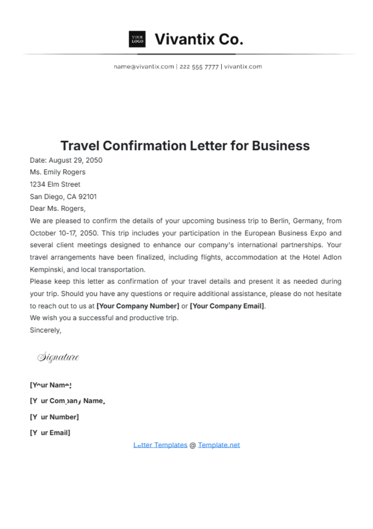 Travel Confirmation Letter for Business Template - Edit Online & Download