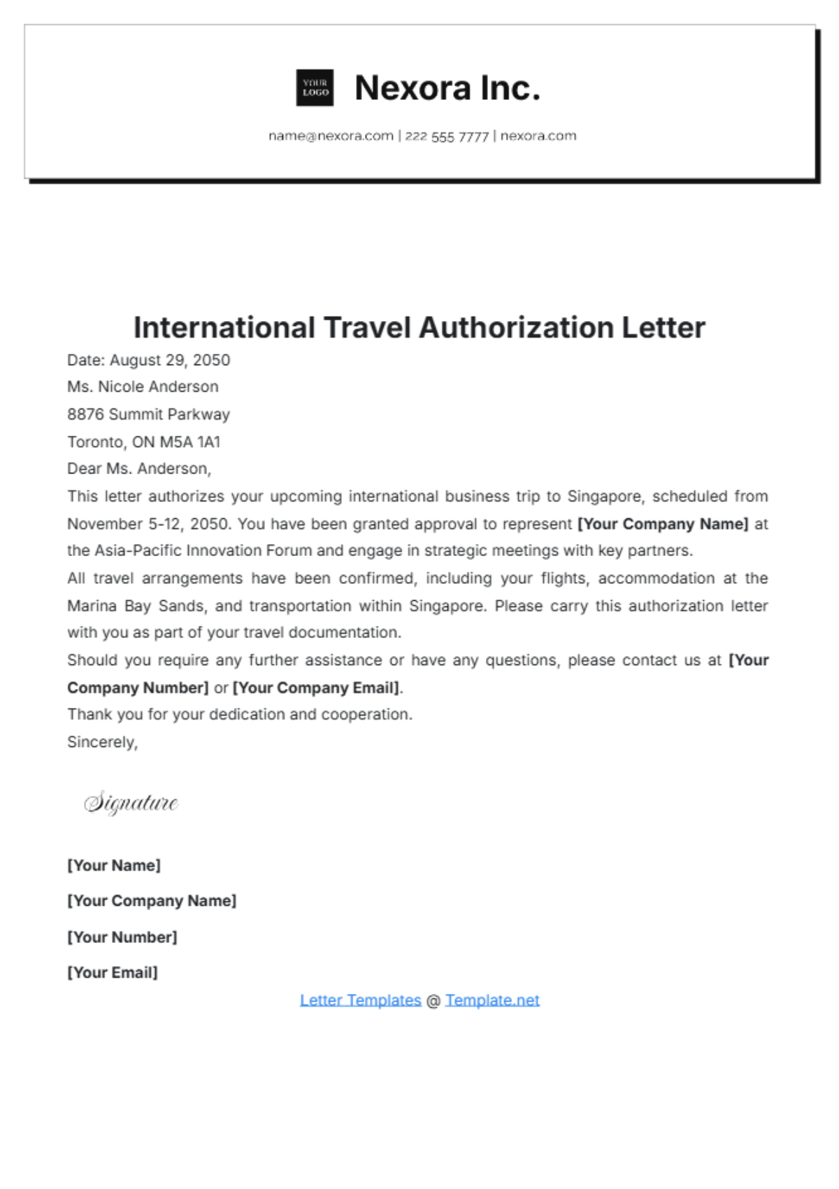 International Travel Authorization Letter Template - Edit Online & Download