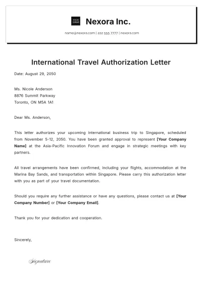 Free International Travel Authorization Letter Template to Edit Online
