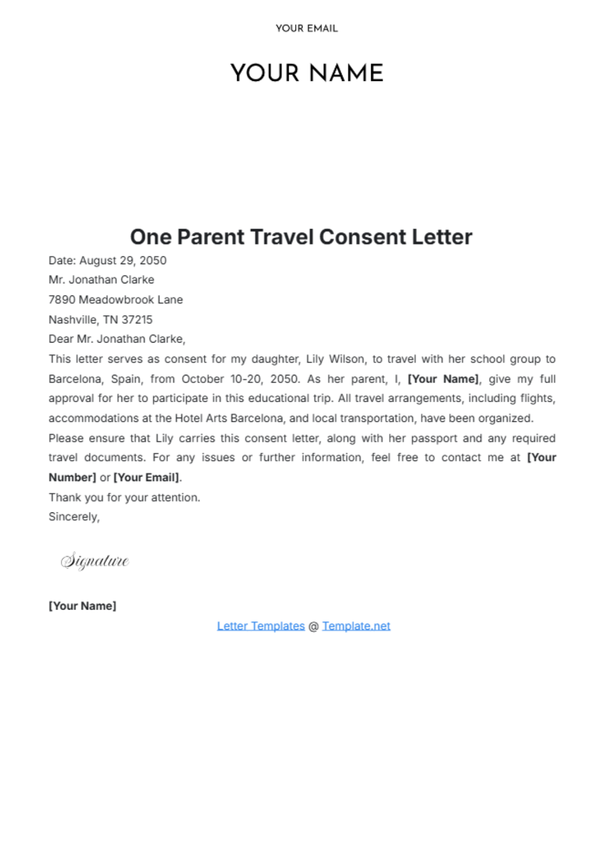 One Parent Travel Consent Letter Template - Edit Online & Download