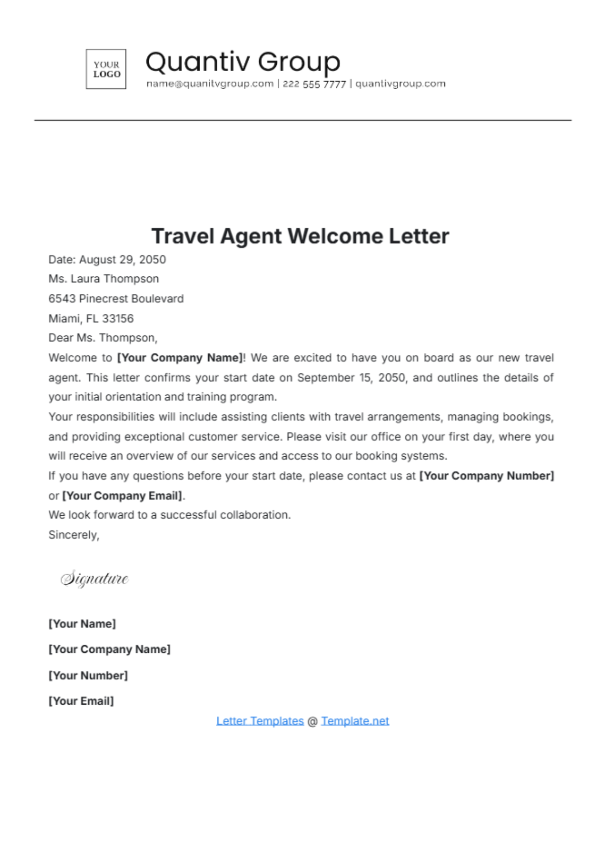 Travel Agent Welcome Letter Template - Edit Online & Download