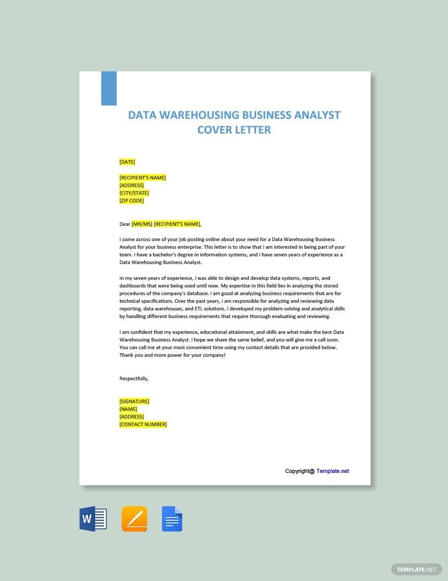 Data Warehousing Business Analyst Cover Letter