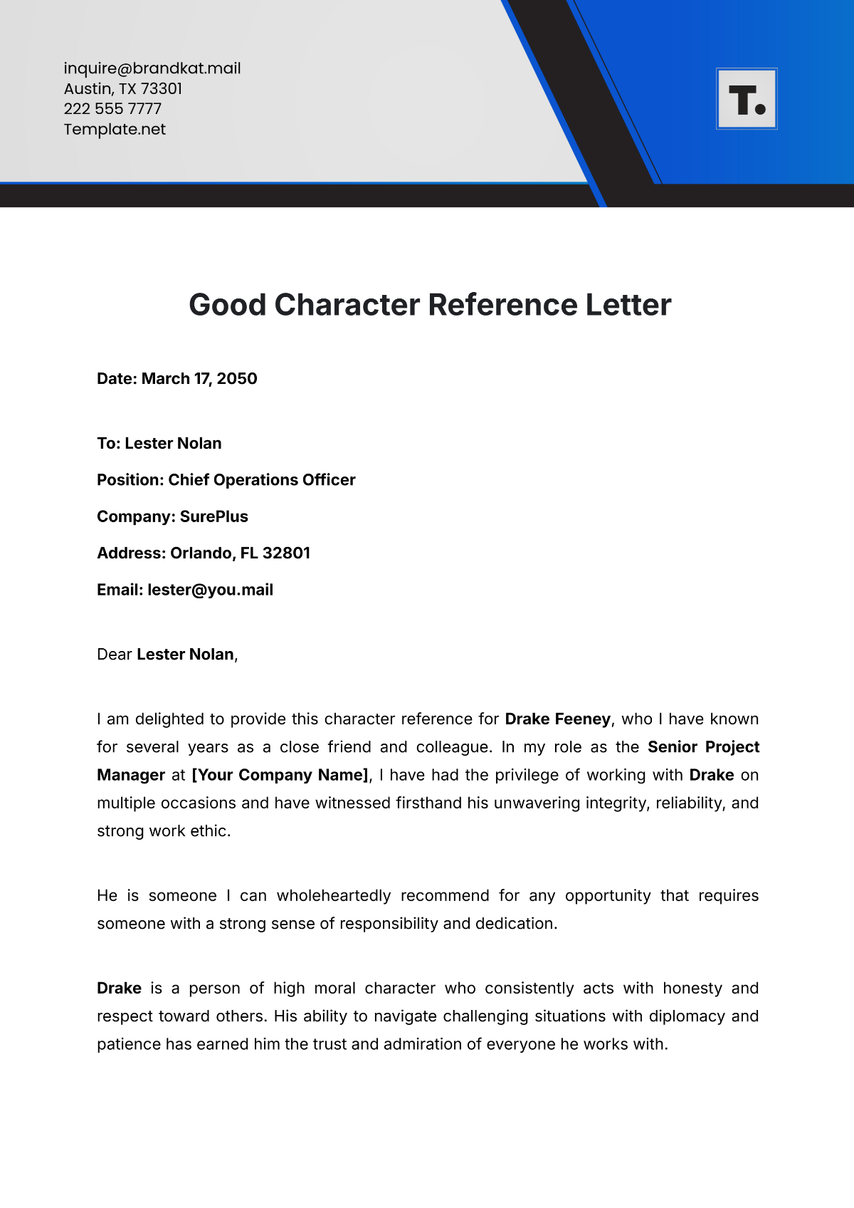 Good Character Reference Letter Template - Edit Online & Download