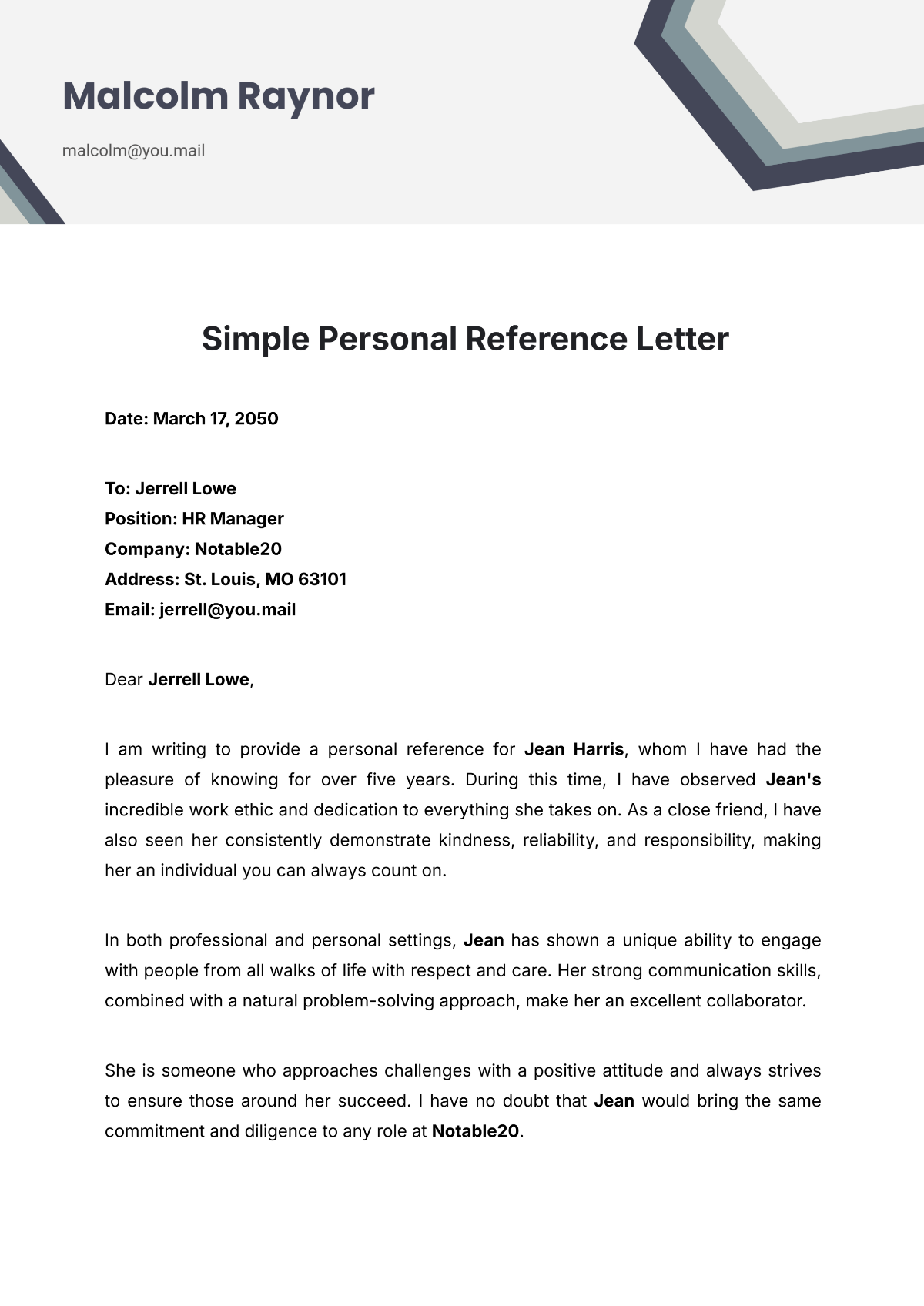 Simple Personal Reference Letter Template - Edit Online & Download