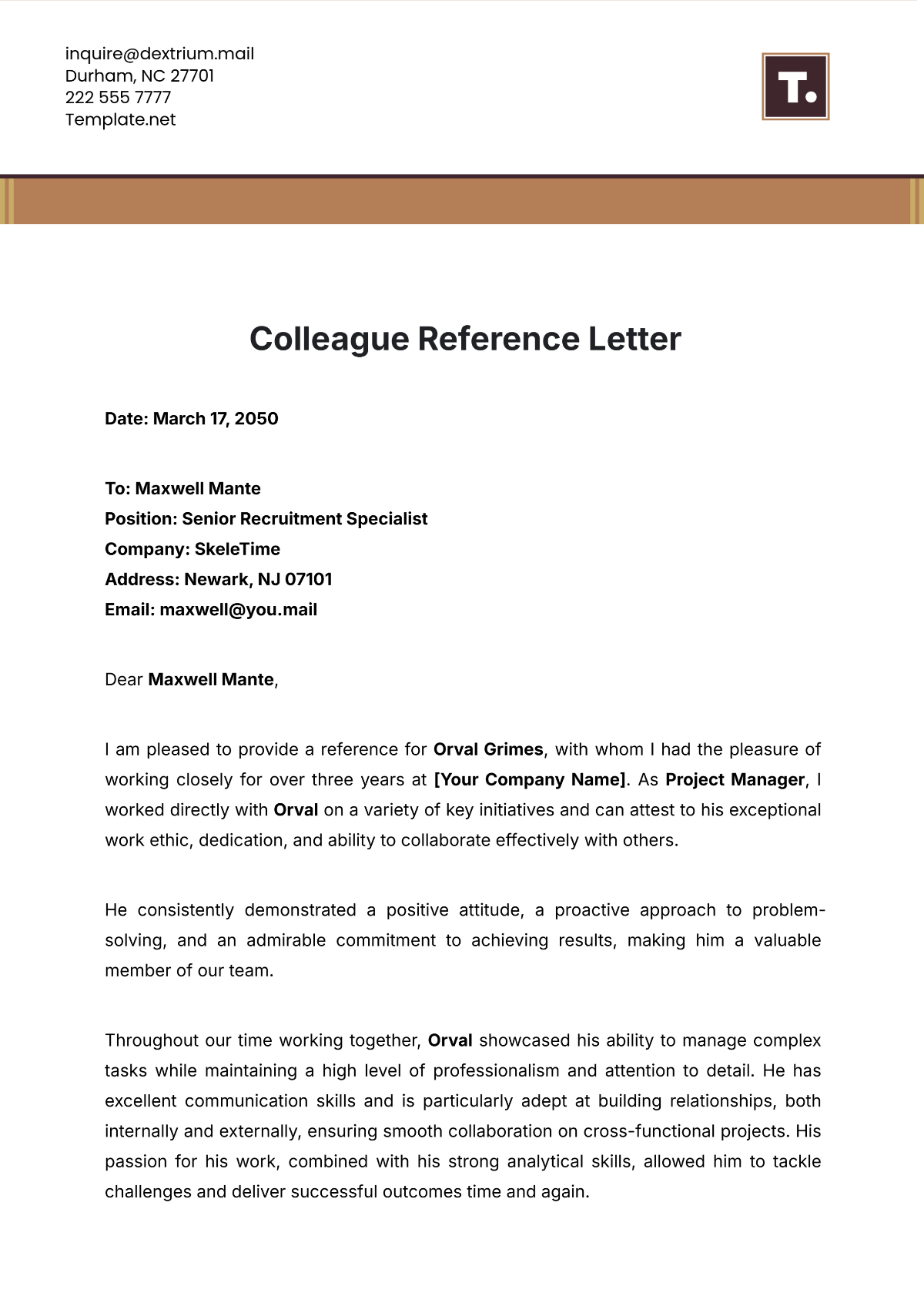 Colleague Reference Letter Template - Edit Online & Download