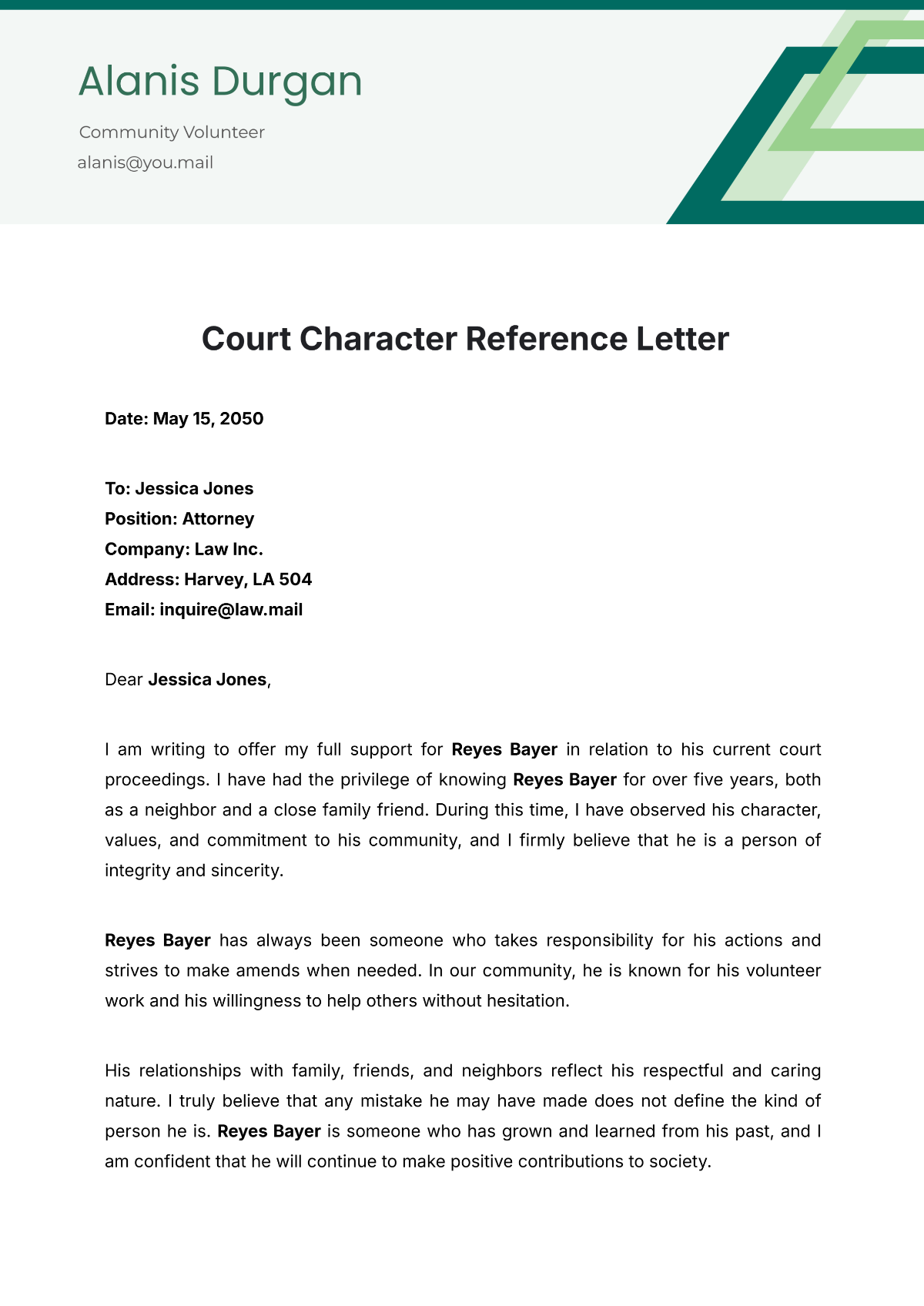 Court Character Reference Letter Template - Edit Online & Download