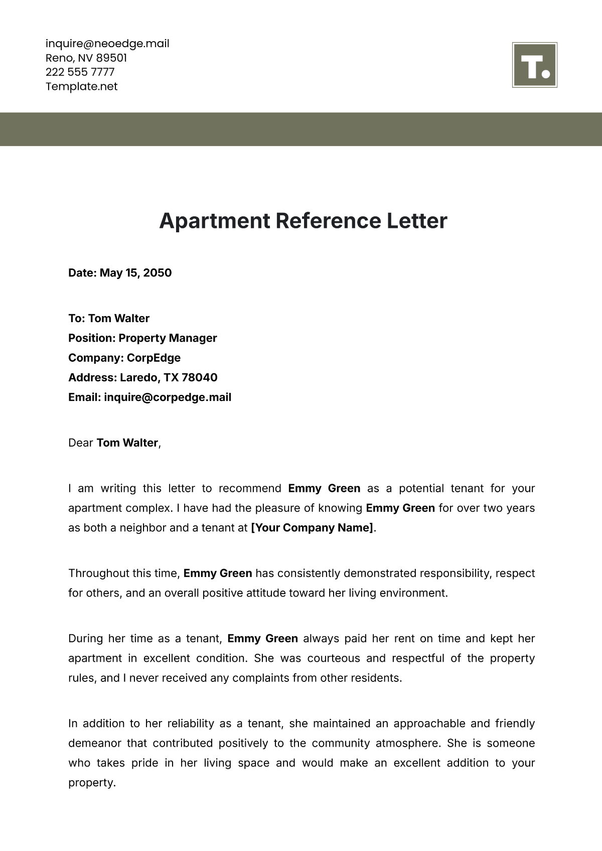 Apartment Reference Letter Template - Edit Online & Download