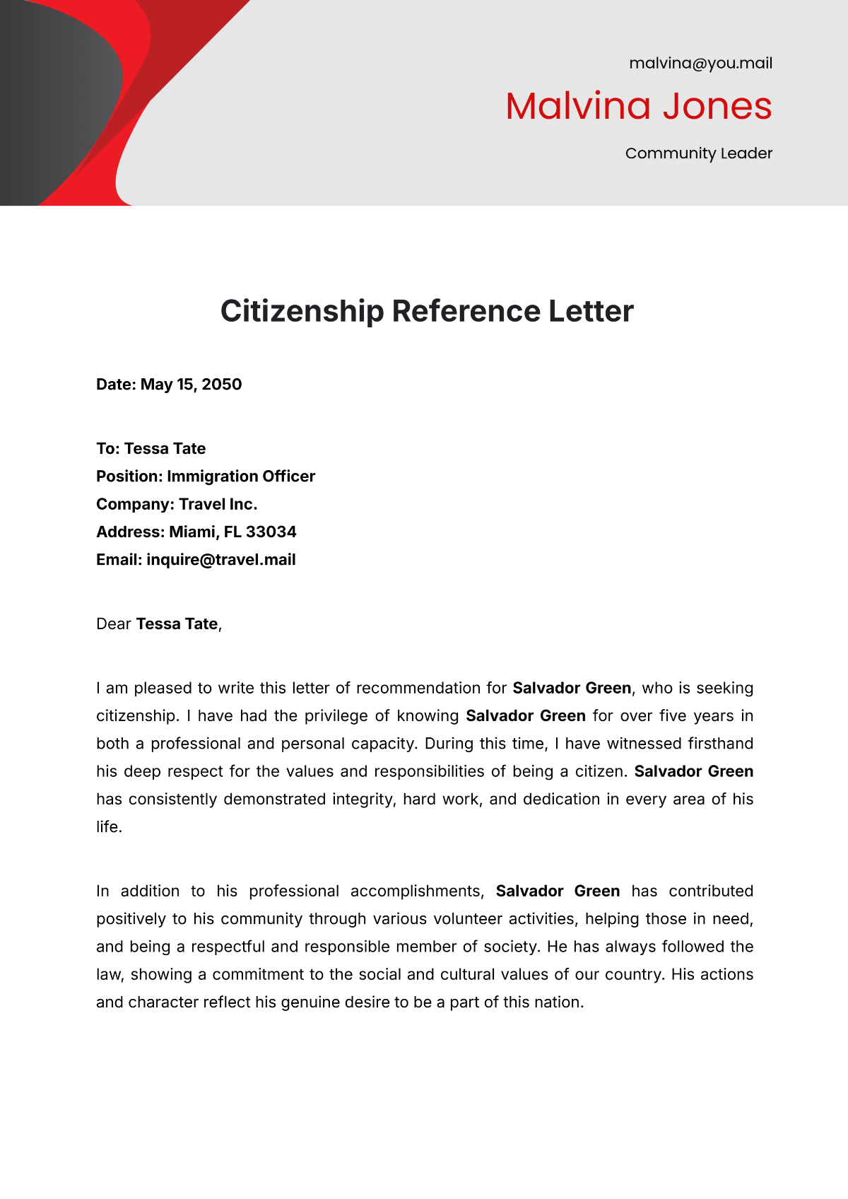 Citizenship Reference Letter Template - Edit Online & Download