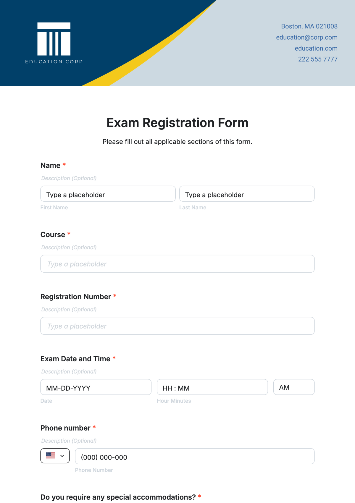 Exam Registration Form Template - Edit Online & Download