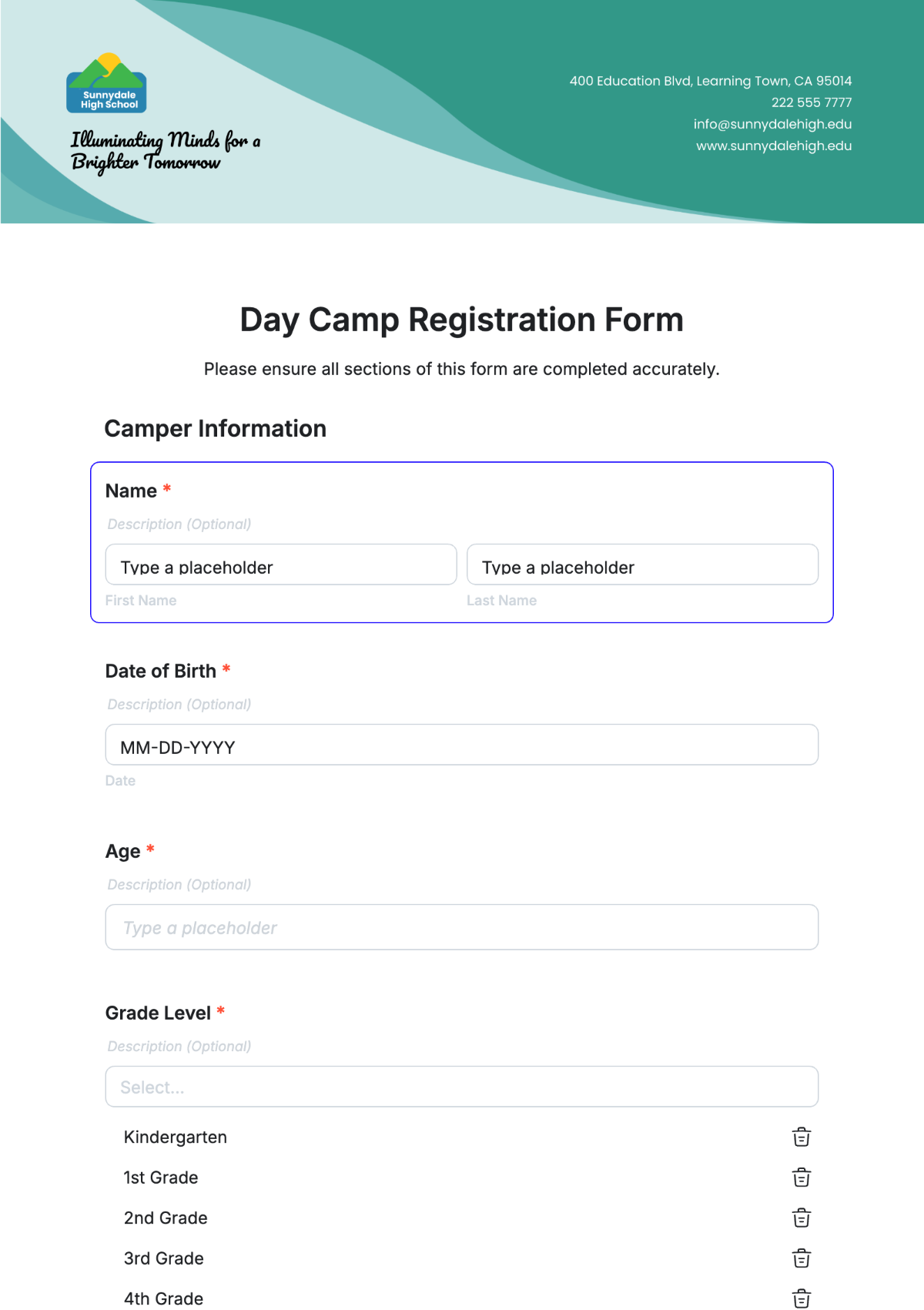 Free Day Camp Registration Form Template to Edit Online