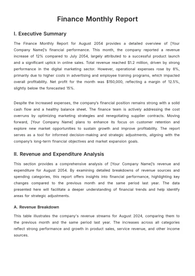 Free Finance Monthly Report Template to Edit Online