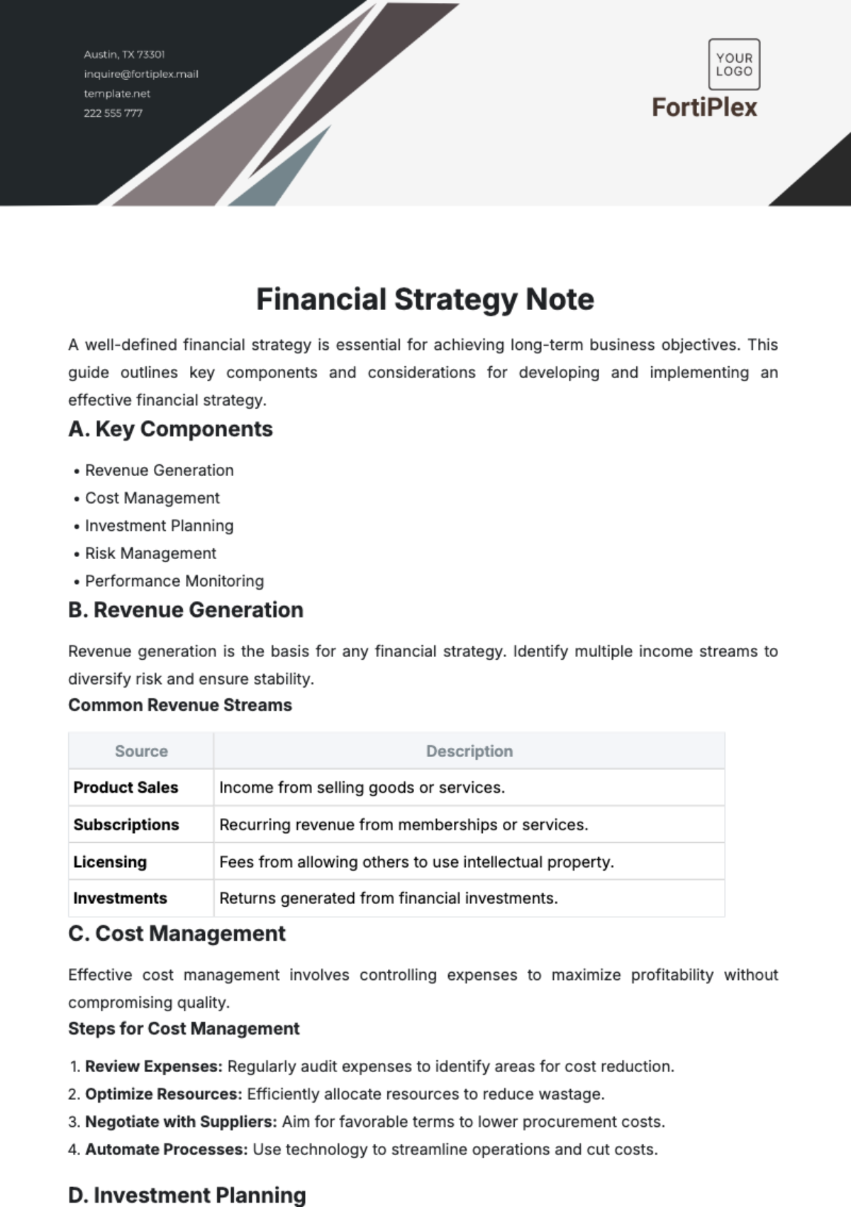 Free Financial Strategy Note Template