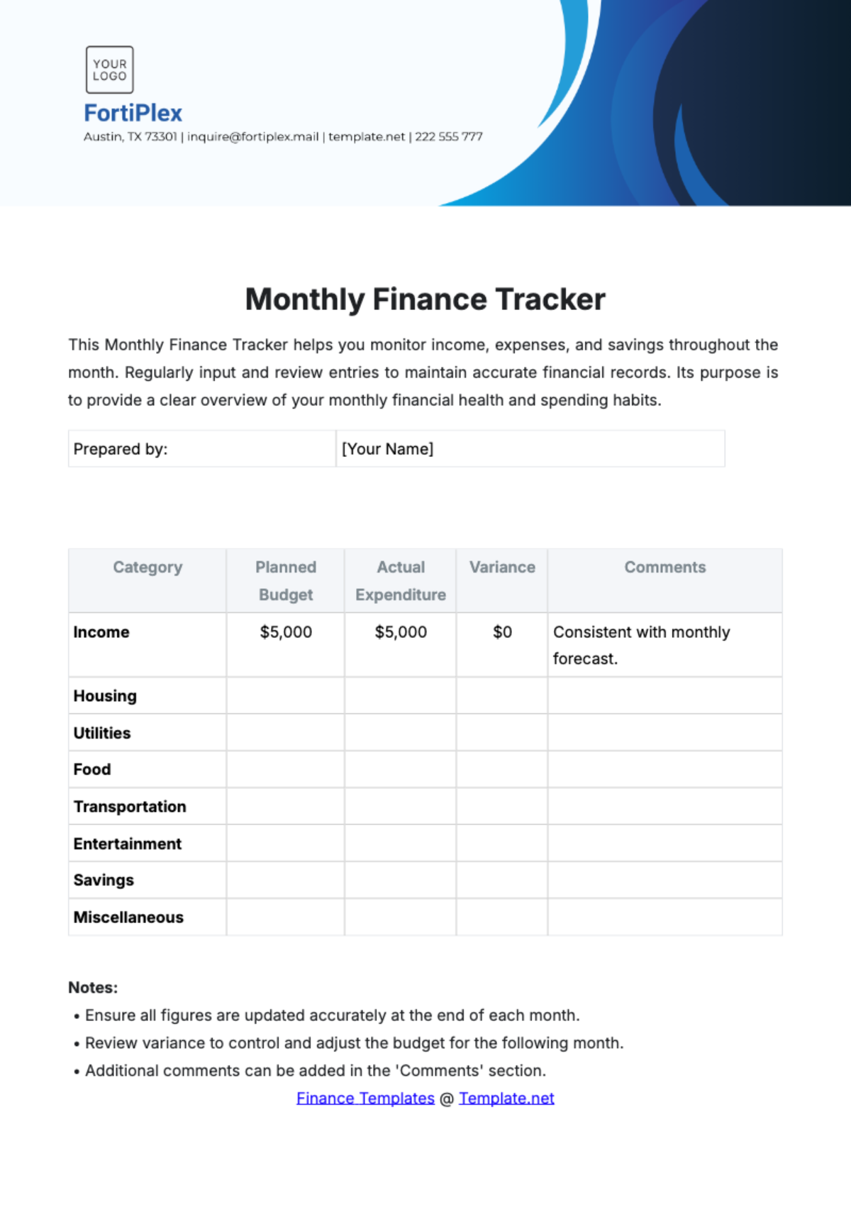 Free Monthly Finance Tracker Template