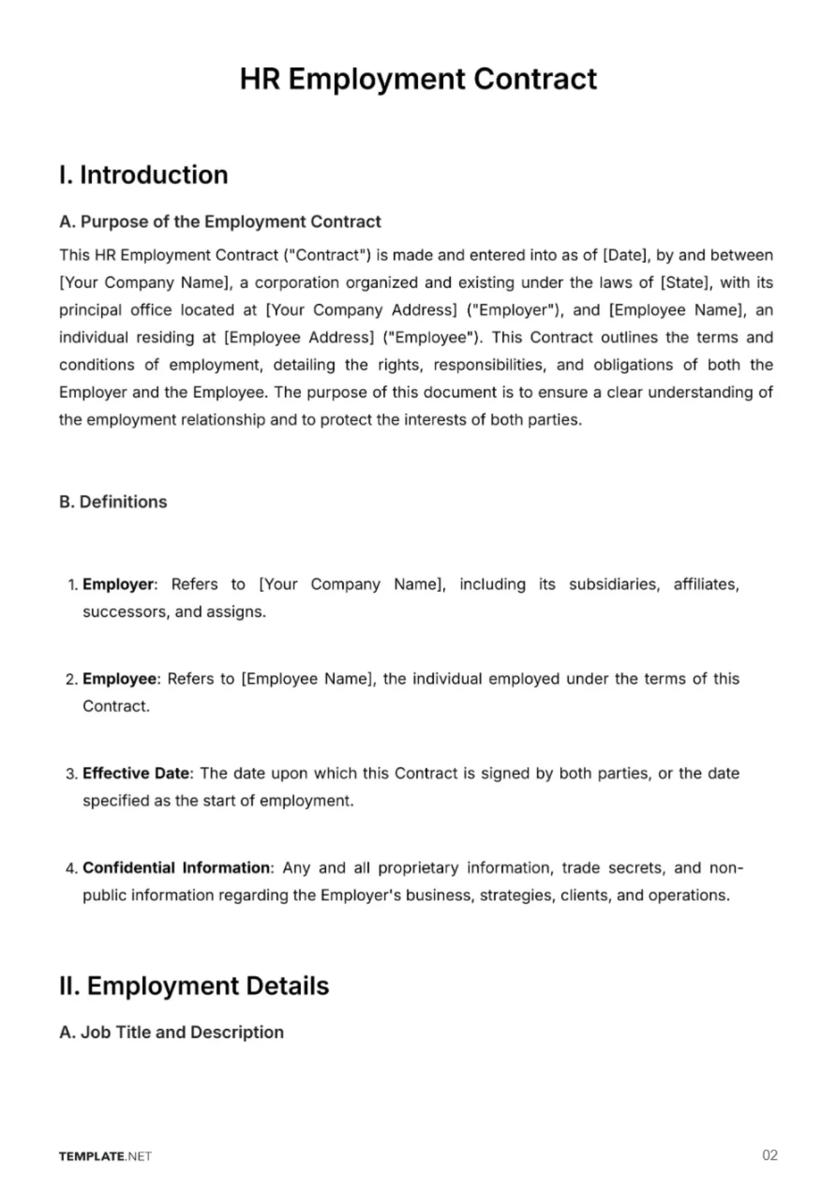 Free HR Employment Contract Template to Edit Online