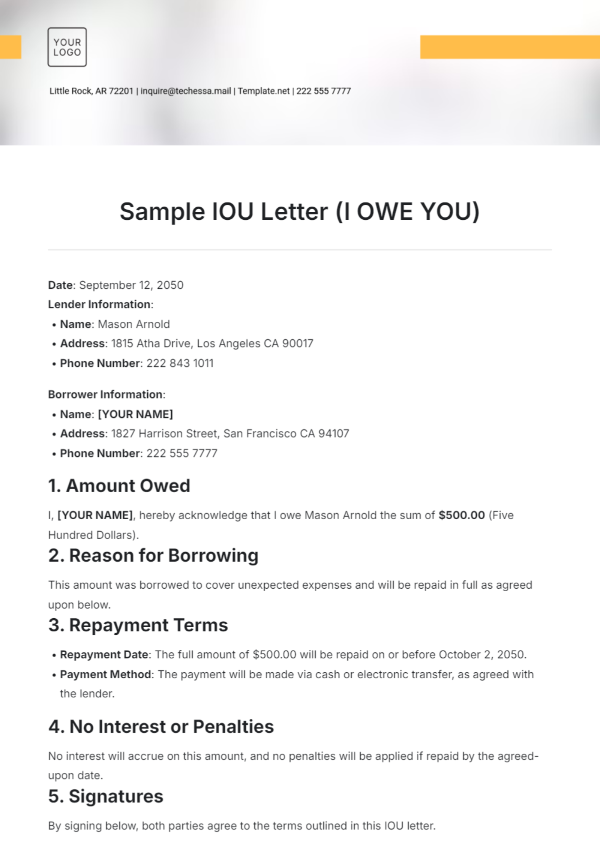 Free Sample IOU Letter Template to Edit Online