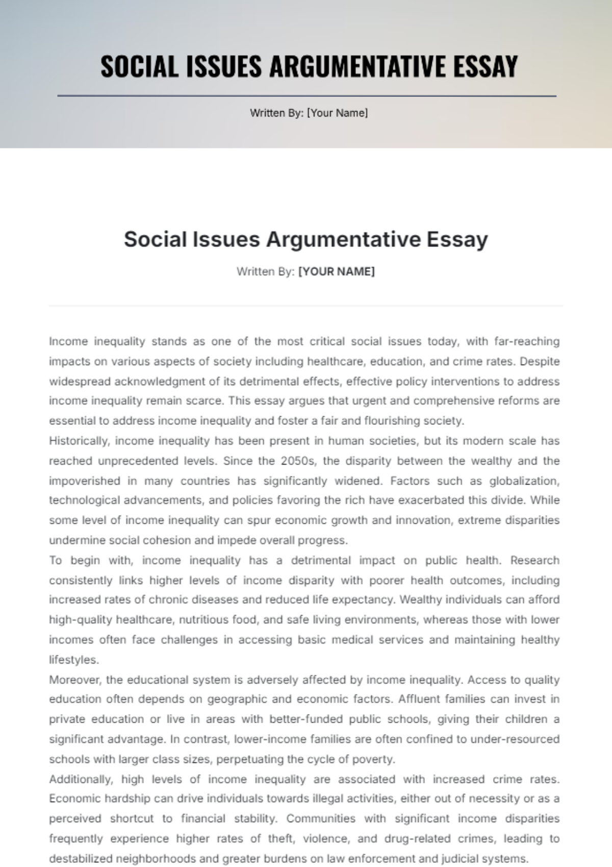 Social Issues Argumentative Essay Template - Edit Online & Download