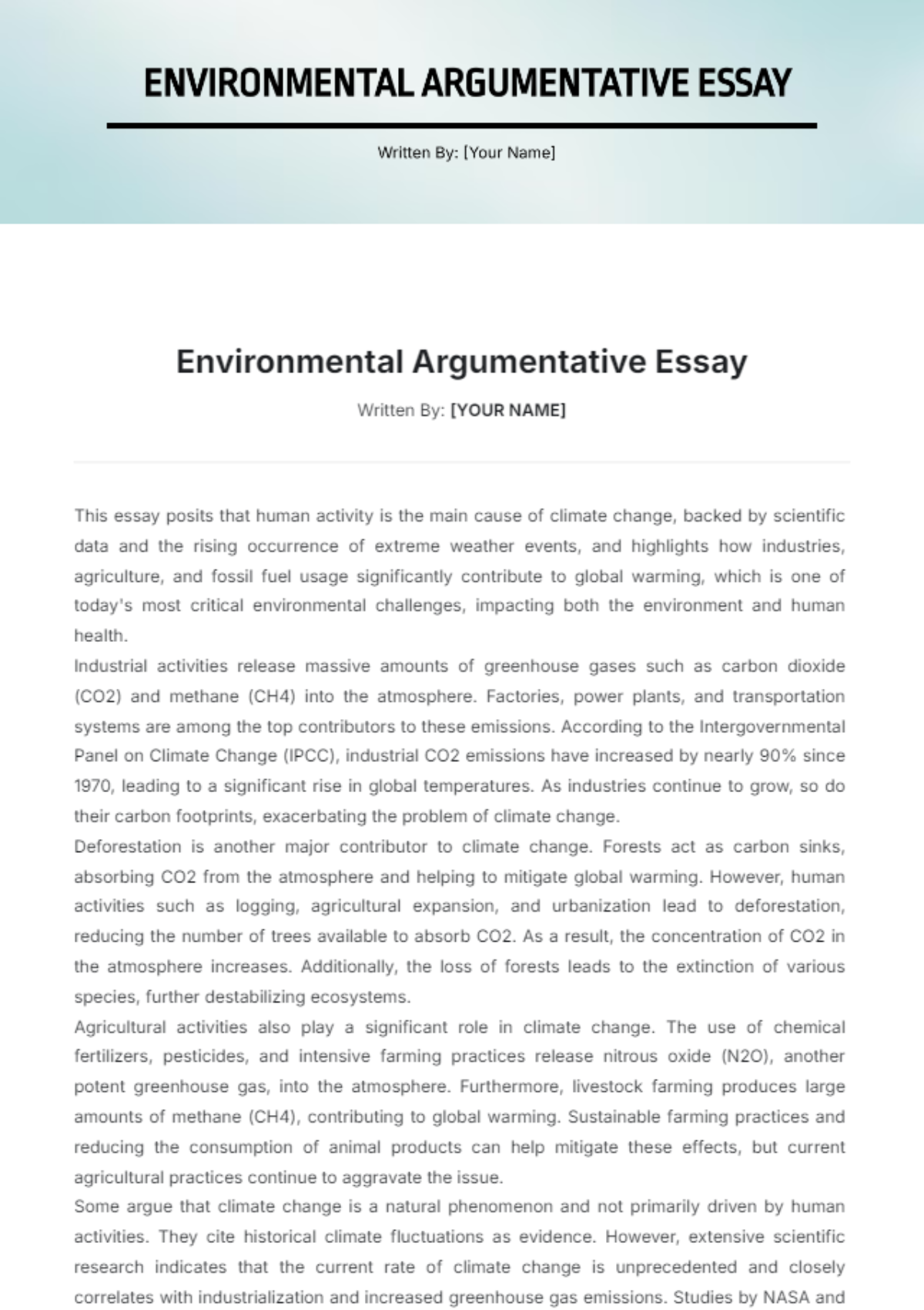 Environmental Argumentative Essay Template - Edit Online & Download